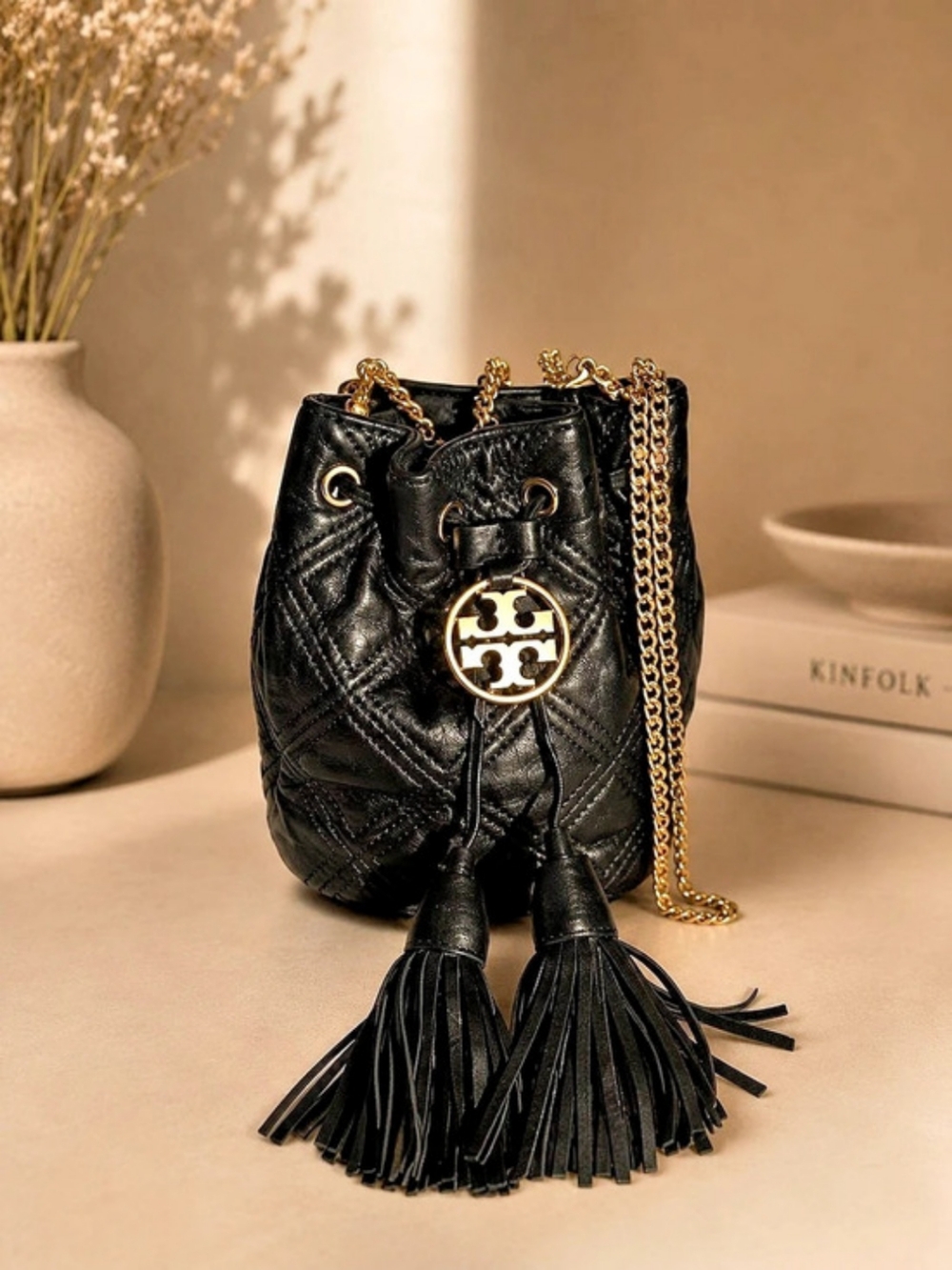 Tory Burch Fleming Soft Mini Bucket Bag Quilted Tassel Black